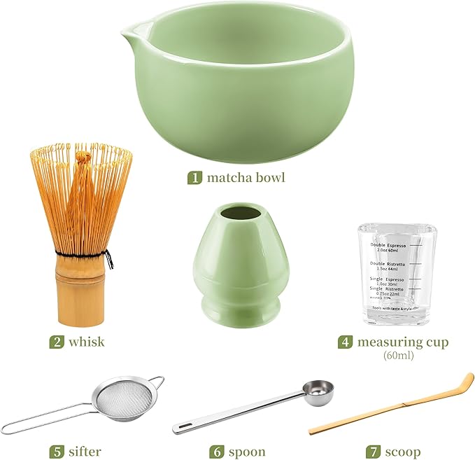 YIBO Matcha Whisk Set, Matcha Kit Bamboo Whisk and Ceramic Bowl with Spout & Measuring Spoon & Cup, Japanese Ceremony Matcha Tea Making Tools Green