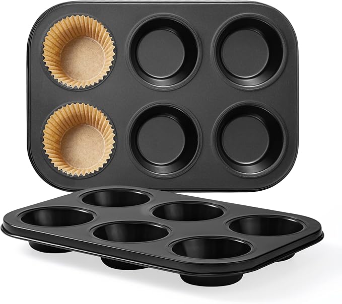 Muffin Pan 2-Pack, 6-Cup Cupcake Pans and Muffin Tins with Nonstick Coating, 10.43"x7.28"x1.1" with 2.56" Cups, for Muffins, Cupcakes, Brownies, Cheesecake, Carbon Steel, Easy Clean, Oven Safe
