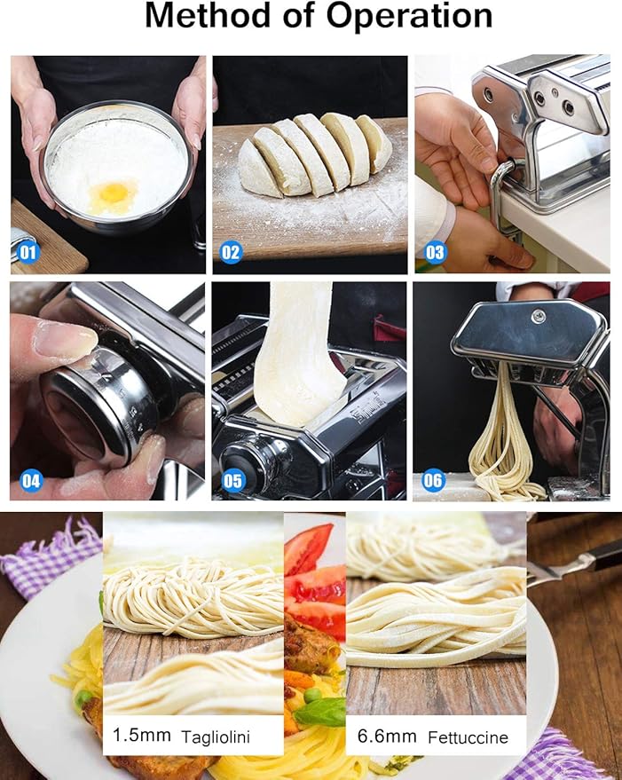 Shule Pasta Maker Machine Stainless Steel Manual Noodle Makers Include Pasta Roller, Cutter, Hand Crank and 7 Adjustable Thickness Setting