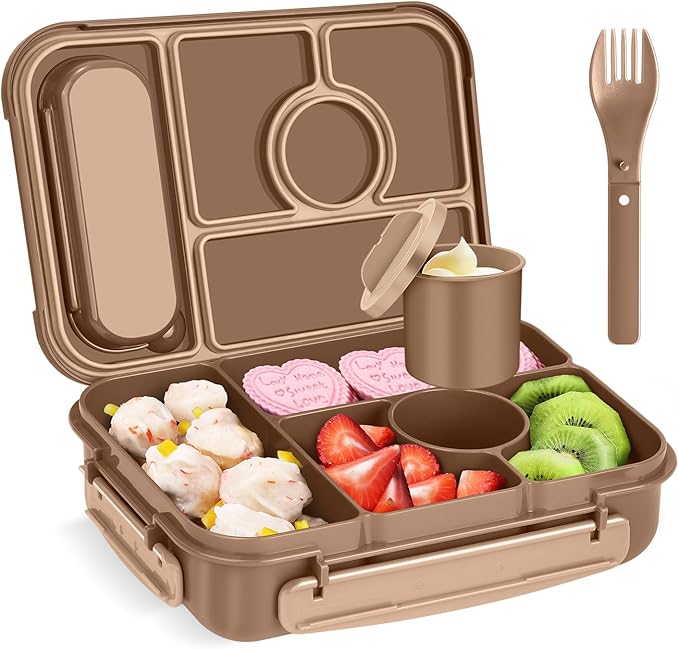Amathley Bento Box Adult Lunch Box Kids,Lunch Containers for Adults/Kids/Toddler,5 Compartments Bento Lunch Box with Sauce Vontainers,Microwave & Dishwasher & Freezer Safe,BPA-Free (Brown)