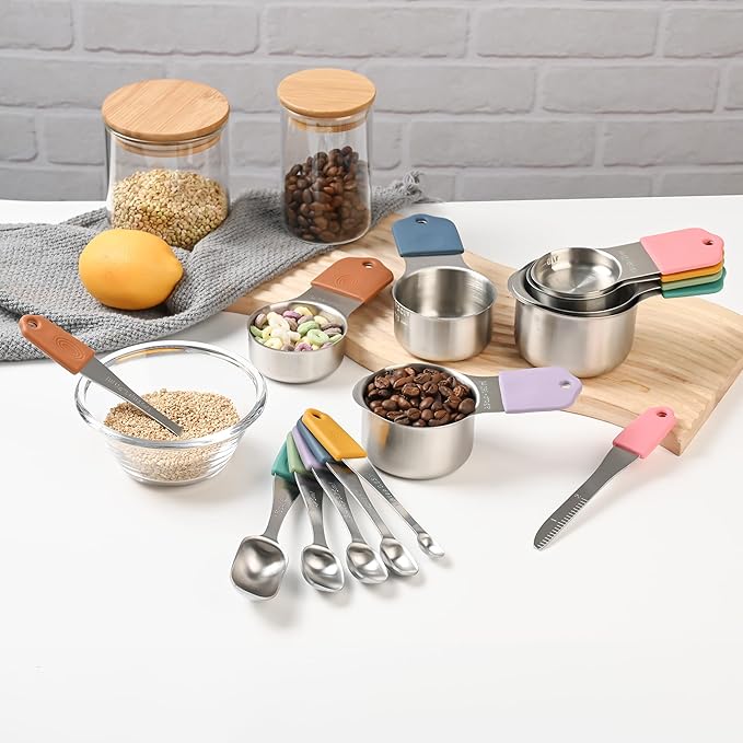 Smithcraft Magnetic Measuring Cups & Spoons Set 15, Stainless Steel Measuring Cups and Spoons Set, Color Heavy Duty Metal Measuring Cups&Spoons Set w/Leveler & Measure Equivalents for Cooking & Baking