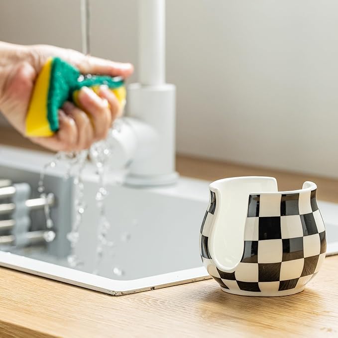 Checkered Sponge Holder for Kitchen Sink, Ceramic Dish Sponge Dish Rack Scrubby Holder Kitchen Organizer Cute Sink Caddy Organizer, Farmhouse Decor, Black and White