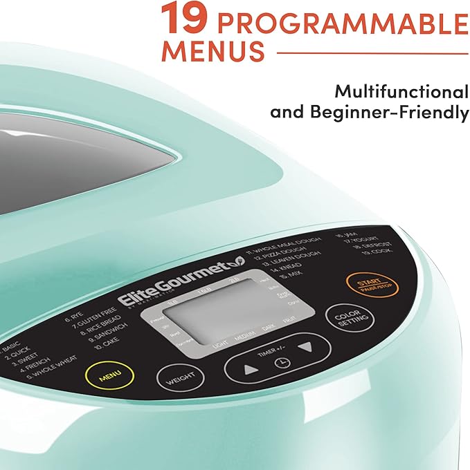 Elite Gourmet Programmable Bread Maker, 2 lb Loaf, 3 Sizes, 19 Presets incl. Gluten-Free, Dough & Jam, Delay Timer, Mint