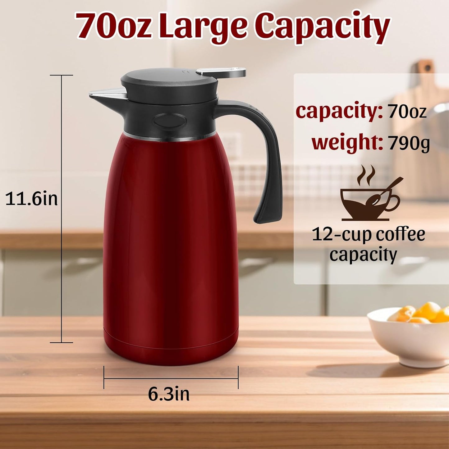 Yummy Sam 70oz Thermal Coffee Carafe, 2L Stainless Steel for Hot Drinks, Double Wall Vacuum Carafe for Hot Liquids Large Tea for Home School Office for Valentine's Day Burgundy