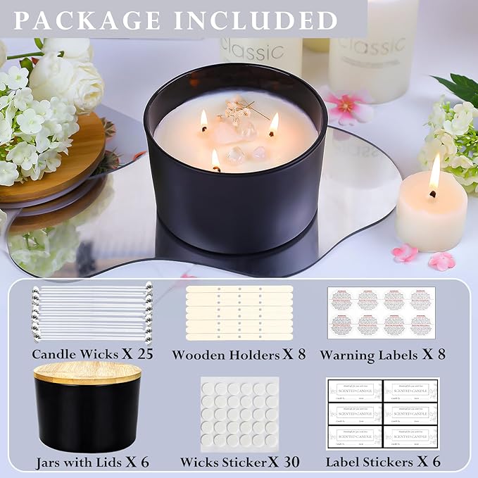 CONNOO 24oz Matte Black Glass Candle Jars 6 Pack, Multi-Wick Wide Mouth Empty Bulk Candle Containers for Making Candles with Airtight Bamboo Lids, Sticky Warning Labels, Wick kit- Dishwasher Safe