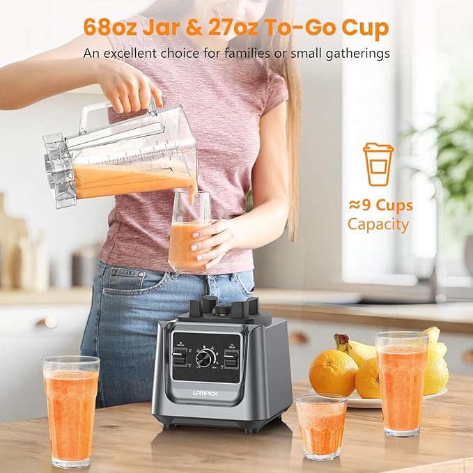 Blenders for Kitchen, 2000W Blender for Smoothies 35000 RPM Professional Grade High-Speed Smoothie Blender with 68 oz Pitcher & 27 oz To-Go Cup for Shakes, Ice Crushing, and Frozen Fruit