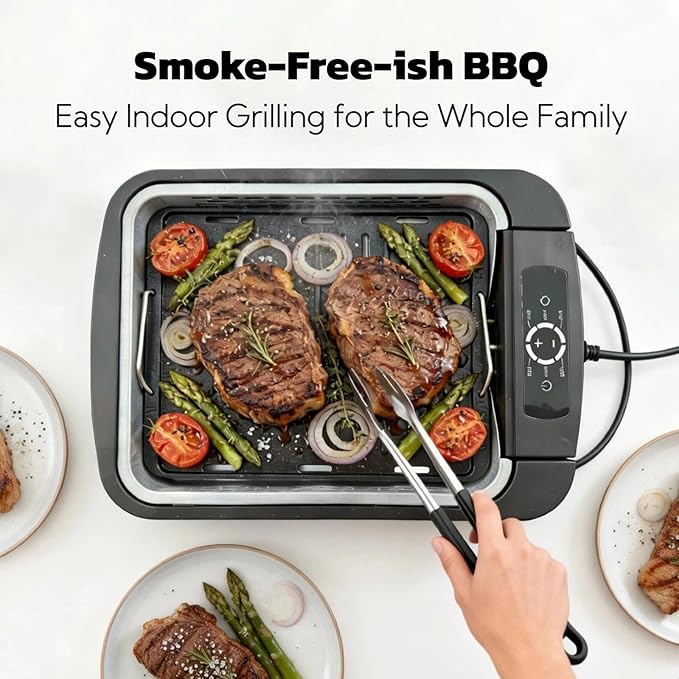 Indoor Smokeless Grill & Griddle, 1100W Electric Gill for BBQ, Smoke Extraction Device, 6-Speed Temperature Control, Non-Stick ‎Grill Plate with Oil Drain Holes, Dishwasher Safe, 5-Serving