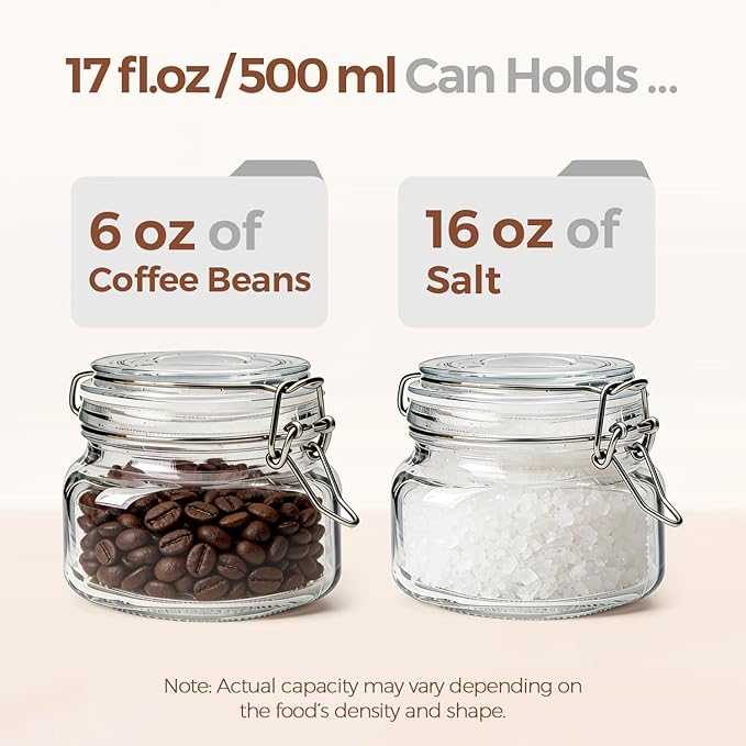 ComSaf Set of 6 Square Glass Jars with Airtight Wire Clamp Lids (17 Oz), Wide Mouth Pantry Canisters for Overnight Oats, Jam, Pickling, Spice Storage, Gifts