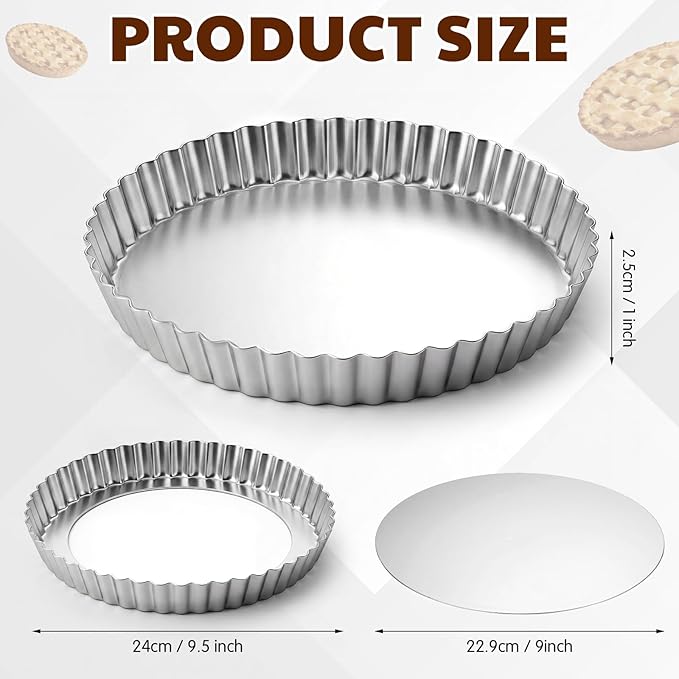 Hushee 2 Pack 9 Inch Tart Pan with Removable Bottom Non-Stick Carbon Steel Quiche Pan for Oven Baking Molds for Pies Quiches Fruit Tart Cake with Fluted Edges, Silver (1 Inch Deep)