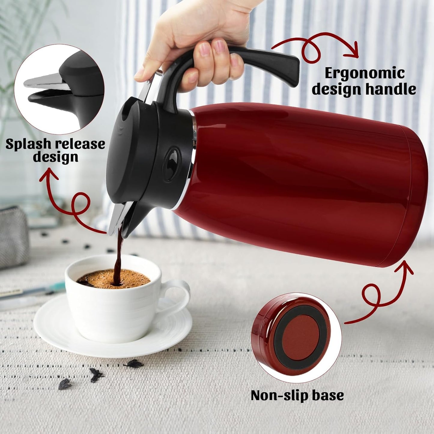 Yummy Sam 70oz Thermal Coffee Carafe, 2L Stainless Steel for Hot Drinks, Double Wall Vacuum Carafe for Hot Liquids Large Tea for Home School Office for Valentine's Day Burgundy