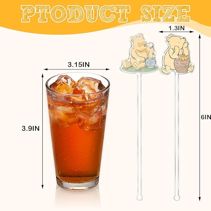 Winne Bear Theme Stirring Sticks for Cocktail, Coffee, Cake Pops, Stirrers Sticks Acrylic for Bar, Party Halloween Disposible Drinks Stick for Christmas Party(24 Pcs)