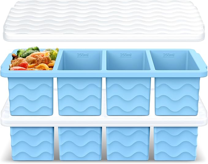 Doasuwish Silicone Freezer Tray for Soup with Lid – 1-Cup Soup Container Cube Style Ice Cube Trays for Freezer, Meal Prep & Food Storage, Freeze 250mL/125mL Portions – 2 Pack