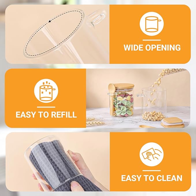 Glass Jars with Bamboo Lids - 4 Pack 15 Fl.oz Round Glass Storage Jars with Airtight Lid and Spoon, Clear Stackable Food Container for Overnight Oats, Spice, Coffee, Sugar, Tea Canister