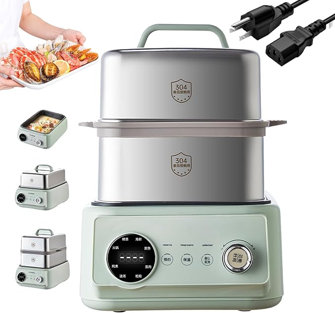 13.6Qt 2-Tier Electric Food Steamer, 8 Modes, Dry Protection, 24h Reservation and Timer, 4-8 Servings, Stainless Steel Electric Steamer for Vegetable Seafood (Green)