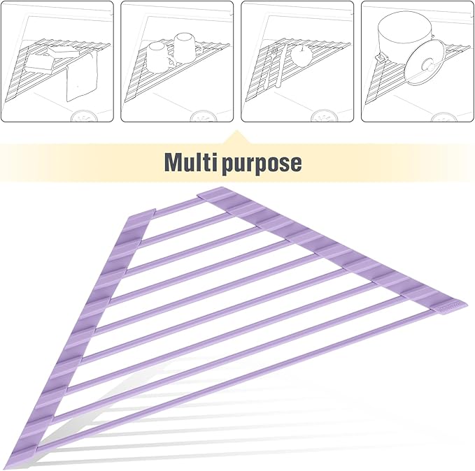 Tomorotec Compact Silicone-Coated Triangle Dish Drying Rack for Sink Corner - Foldable Stainless Steel Over-The-Sink Organizer and Storage Shelf (Light Purple)