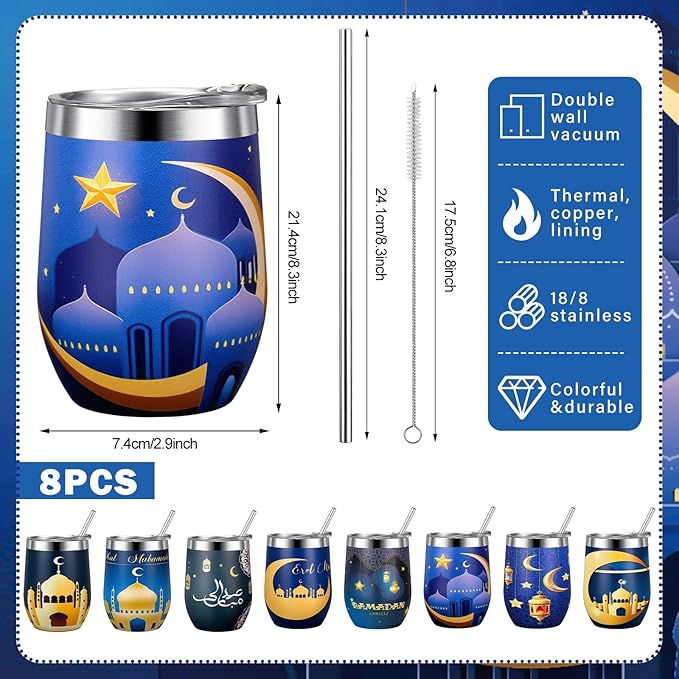 Sliner 8 Pcs Ramadan Mubarak Gifts Islamic Eid Tumbler with Lid 12oz Stainless Steel Muslim Gifts Mug Tumbler Double Insulated Coffee Cup Travel Mug for Muslim Islam Festival Holiday Favors