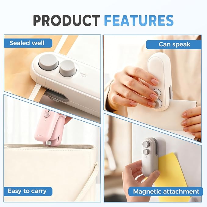 Mini Bag Sealer, Upgraded 2 in 1 Mini Bag Sealer with Cutter and Magnet, Magnetic Portable Plastic Bag Sealer for Snacks, Chips, Food Freshness Storage (2, Black)