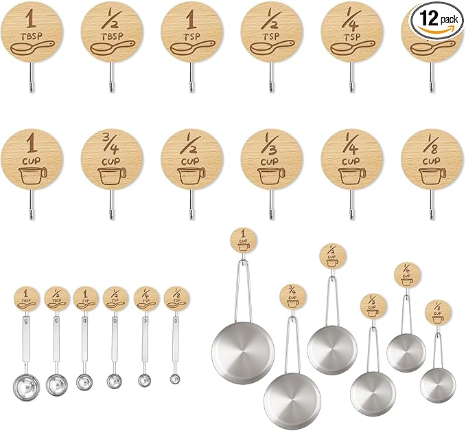 Measuring Cup and Spoon Organizer, 12 Pack Adhesive Wood Hooks for Hanging, Kitchen Hooks for Space Saving Storage