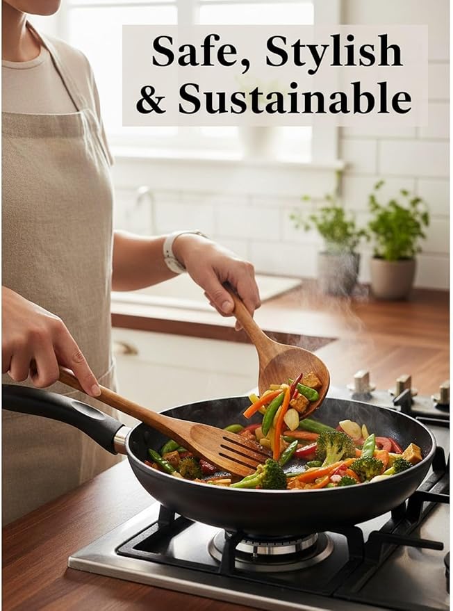 Natural Teak Wood Kitchen Utensil Set - 6 Piece Non-Stick Cooking Spoons & Spatulas, Heat Resistant & Eco-Friendly, Durable Wooden Tools for Nonstick Cookware