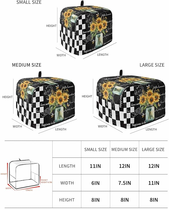 Sunflower Vintage Toaster Cover 2 Slice, Farmhouse Floral Dustproof Bakeware Oven Protector with Top Hook, Black Checkered Waterproof Small Kitchen Appliance Toasters Dust Cover, 12"x7.5"x8"