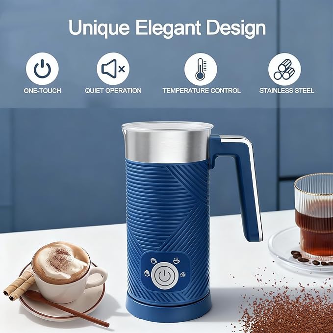 Electric Milk Frother and Steamer, 4-in-1 Milk Steamer with Wood Elements Design, Automatic Hot & Cold Foam Maker for Latte, Cappuccinos, Macchiato, Milk Warmer (blue)