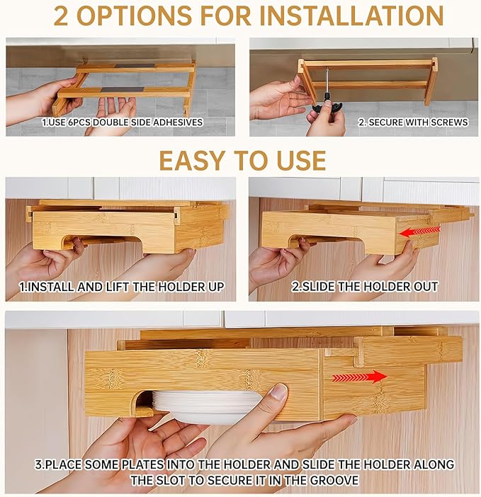 Paper Plate Dispenser - 9 inch Bamboo Paper Plate Dispenser Under Cabinet, Kitchen Counter Vertical Paper Plate Holder Organizer Countertop Caddy (Bamboo)