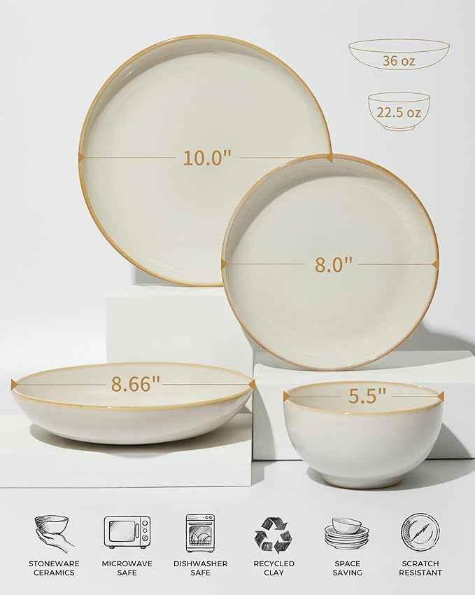 24 Piece Double Bowl Dinnerware Sets with Pasta Bowls, Highly Chip and Crack Resistant Plates and Bowls Sets, Natural Earthyware Ceramic Dishware Sets, Service for 6 Yellow White