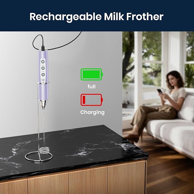Sakgos Milk Frother with Stand Rechargeable- Handheld Coffee Frother with 3 Stainless Whisks 3 Speed Adjustable, Electric Whisk Drink Mixer, Foam Maker Blender for Matcha Latte Cappuccino Chocolate
