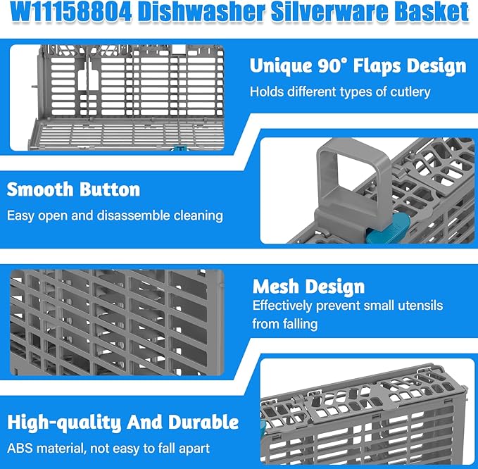 [2 PACK] UPGRADED W11158804 Dishwasher Silverware Basket Compatible with Whirlpool Dishwasher Utensil Basket Silverware Holder for Dishwasher Parts Cutlery Basket Caddy W10629540 WP8562061 W10350340