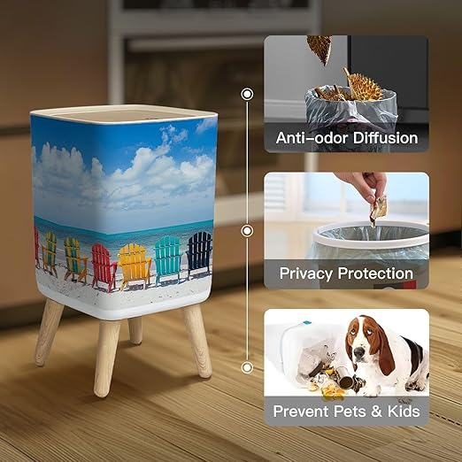 Small Trash Can with Lid Beautiful Color Chairs Beach Wastebasket with Press Cover Dog Proof Garbage Can Waste Bin for Kitchen Bathroom Nursery 2.6 Gallon