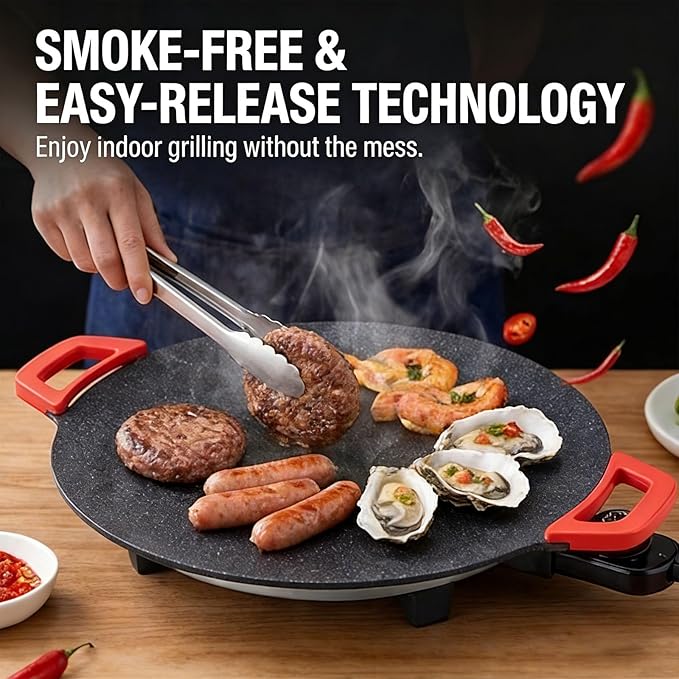 Non-Stick Electric Indoor Grill Pan, Smokeless Electric Griddle with Temperature Control, Round Baking Pan for BBQ, Steaks, Pancakes & Comal Electrico para Tortillas (28cm/11in)