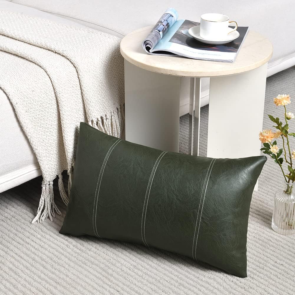 Fancy Homi Dark Green Long Lumbar Faux Leather Decorative Throw Pillow Covers 14x24 Inch for Living Room Couch Bed, Modern Farmhouse Boho Home Decor, Olive Green Hand Stitched Cushion Case 35x60 cm