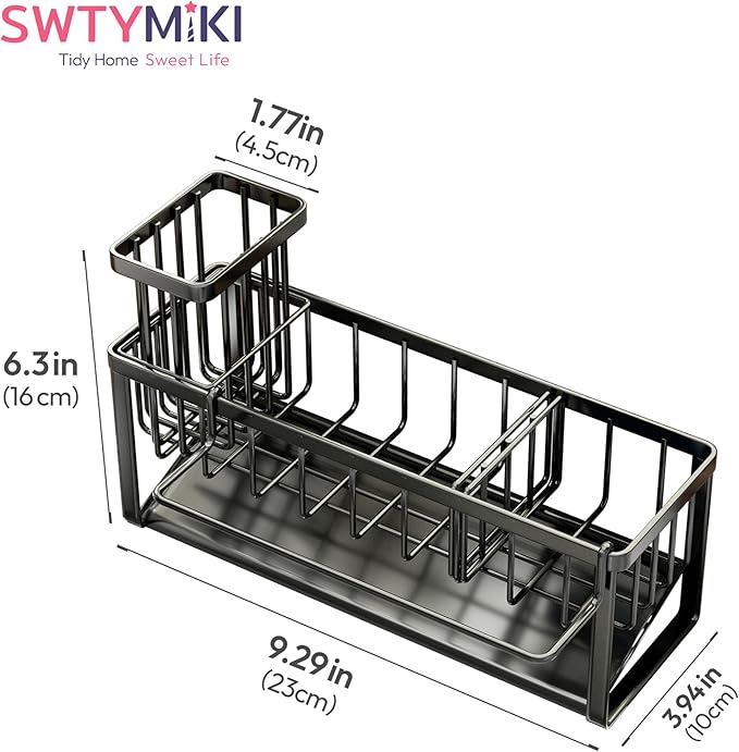SWTYMIKI Sponge Holder for Kitchen Sink - Sink Caddy with Brush Holder and Stainless Steel Self Drain Tray, Sponge Caddy Organizer with Divider Kitchen Accessories Storage for Countertop, Black