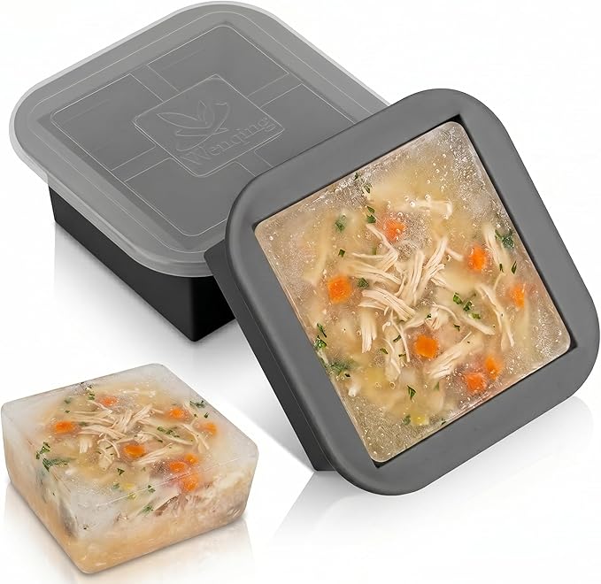 Silicone Freezer Tray with Lid 2 Pack Silicone Freezer Molds Ice Cube Tray Makes 2 Perfect 2 Cup Portions Soup Cubes Meal Prep Containers- Oven & Dishwasher Safe