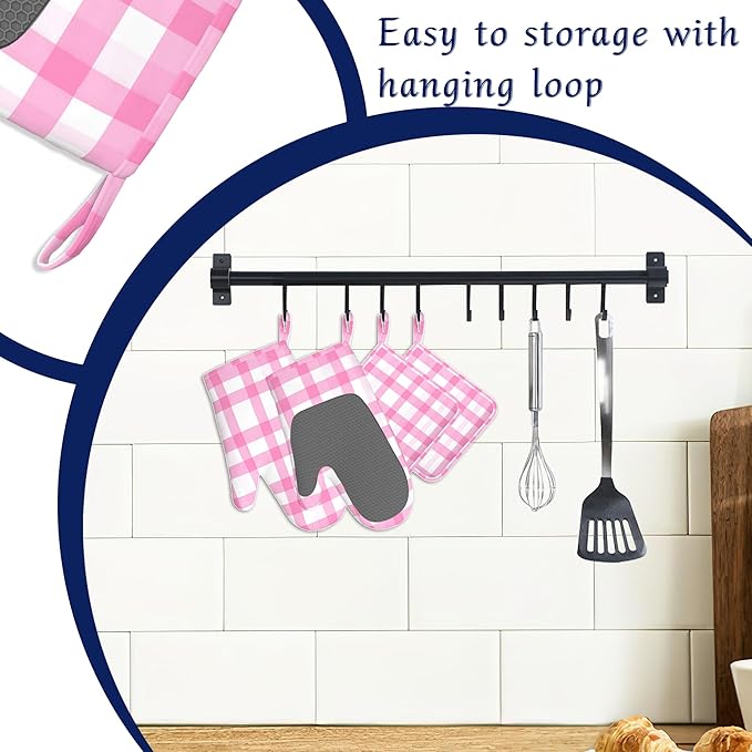 Buffalo Check Plaid Oven Mitts and Pot Holders Pink Checkered Silicone Kitchen Accessories Set of 4 Heat Resistant Non-Slip Long Gloves Potholder for Chef Cooking Baking Gifts Women Men