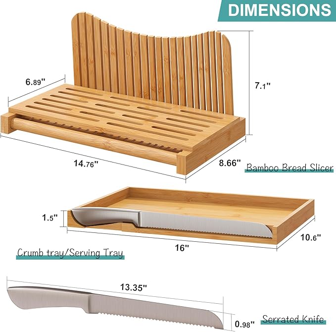 Large Bamboo Bread Slicer with Serrated Knife, Adjustable Bread Slicer Guide with 3 Thickness Size, Foldable Compact Chopping Cutting Board with Crumb Tray (Extra A - with Knife)