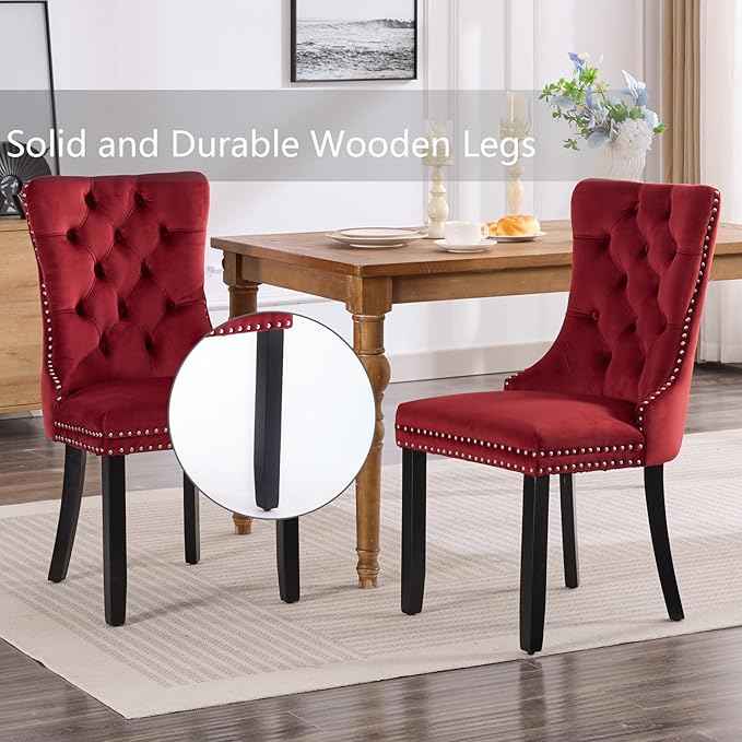 Velvet Dining Chairs Set of 4, Upholstered Dining Room Chairs with Back Ring Pull Trim and Solid Wood Legs,Tufted Wingback Kitchen Chairs for Dining Room,Kitchen(Wine Red)