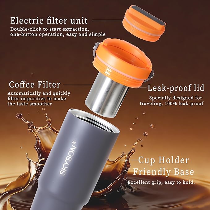 minkah Fast Extraction Mini Electric Coffee Maker - Portable Filter Coffee Brewer for Travel,Insulated Stainless Steel Tumbler,30 oz Reusable Iced Coffee Cup Machine,Hot Coffee Mug with Lid(Red)