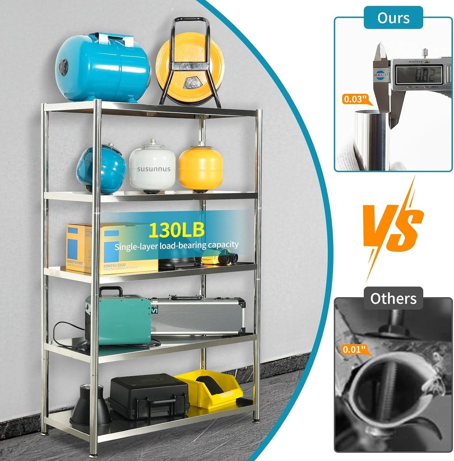 susunnus 4-Tier Stainless Steel Shelf, Heavy Duty Shelving for Kitchen, Garage, Industrial Storage, Kitchen Shelves Adjustable Feet, Easy to Clean(35.8in*15,8in Without Guardrails)
