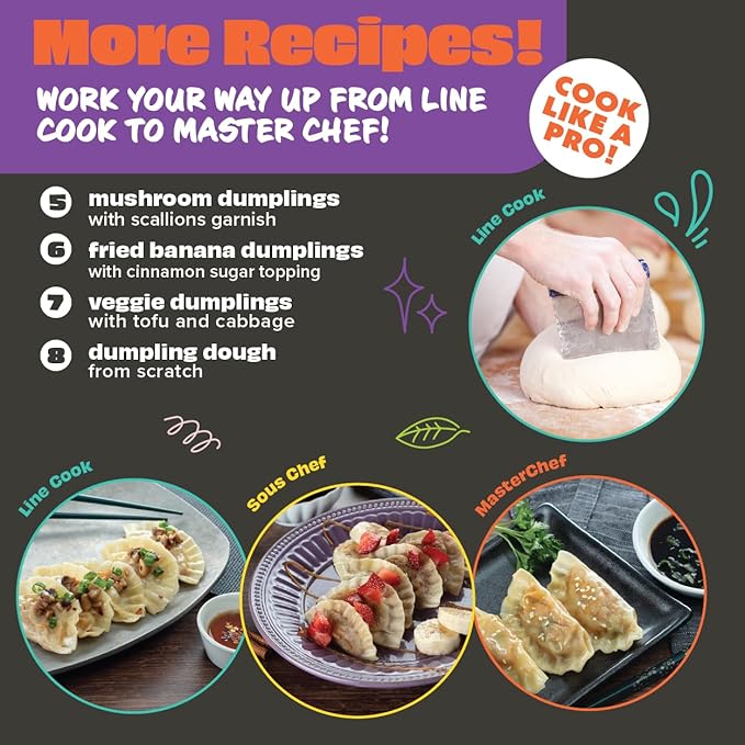 MasterChef Junior Kids Dumpling Making Set- 5 Pc Kit- Real Cookware Includes Recipes, Steamer Basket, Mold, Press Measuring Spoons Steamer Paper, Homemade Cooking Party for Dim Sum Soups Chinese Food