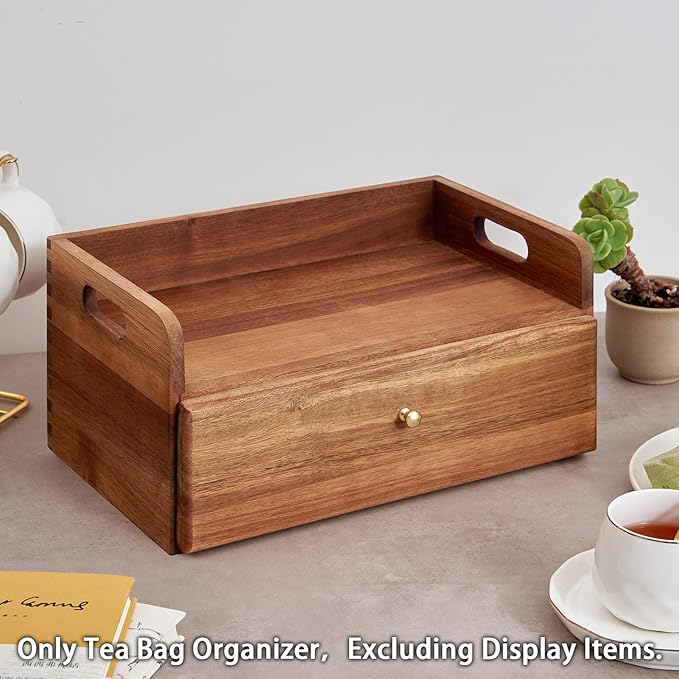 Acacia Wood Tea Bag Organizer with Drawer - Tea Station Chest and Storage Box, Coffee and Teabag Holder with 8 Compartments, Containers and Boxes for Countertop Display