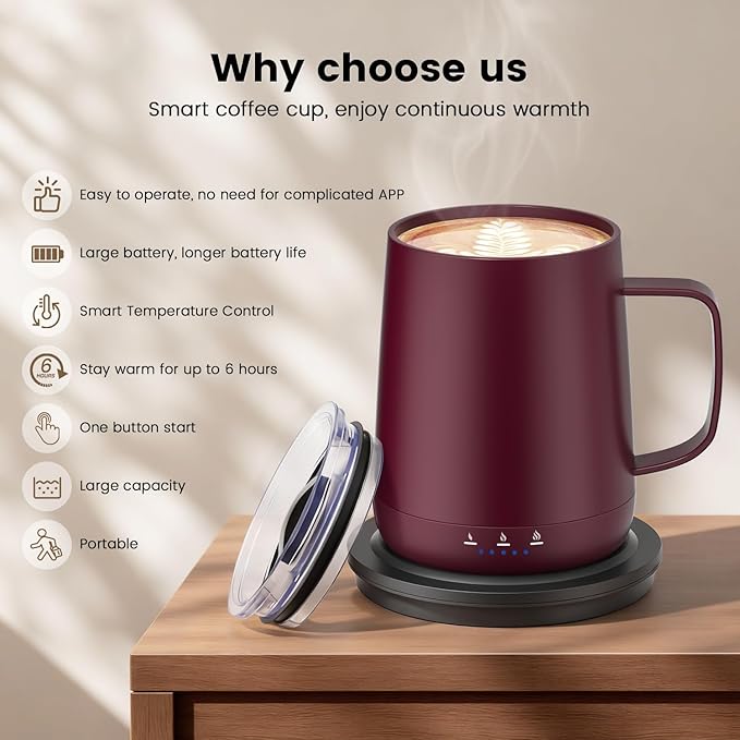 Smart Self Heating Coffee Mug,14oz Temperature Control Coffee Mug,Hot up to 150°F,Rechargeable Heated Coffee Mug,Up to 6H Battery Life,Coffee Cup Warmer,Great Gift for Coffee Lovers,Dad,Mom (Claret)