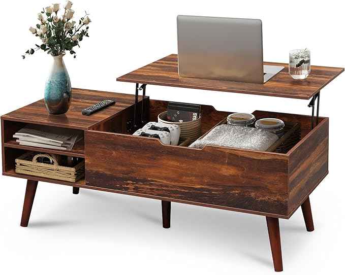 WLIVE Coffee Table, 47“ Lift Top Coffee Tables with Adjustable Storage Shelf and Hidden Compartment, Lift Tabletop Dining Table for Living Room, Rustic Oak