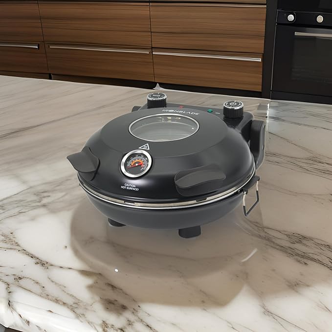EMB Ironblade Series IBLEP100 Electric Indoor Pizza Oven – Heats Up to 800°F, 12” Stone-Baked Pizza, Adjustable Heat Control, Countertop Design for Perfect Homemade Pizza, Easy Clean, 3-Prong Plug