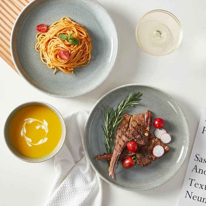 16 Piece Double Bowl Dinnerware Sets, Stain Resistant Dish Set with Pasta Bowls, Easy Cleaning Dishes, Multi-Functional Plate and Bowl, Stack Compactly Plate Set, Service for 4