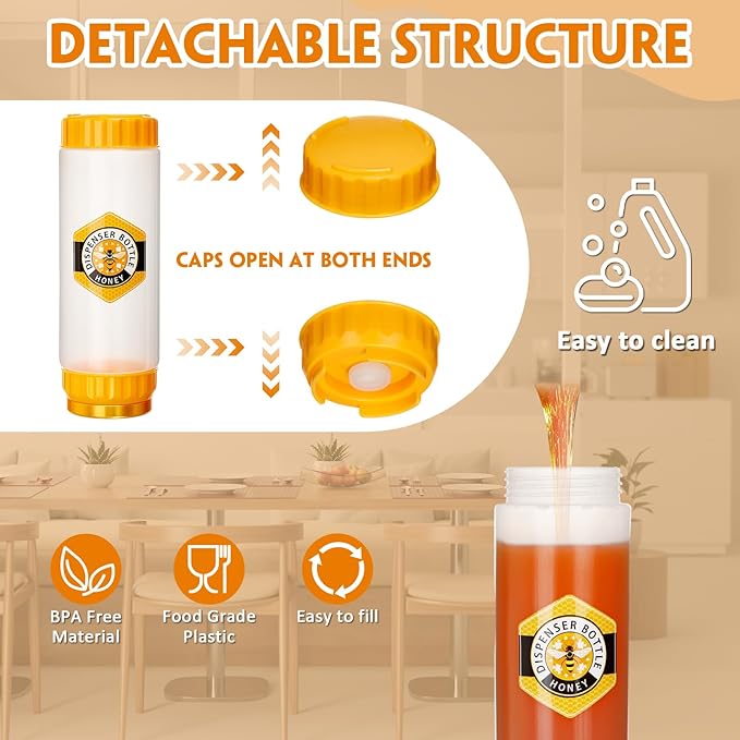 SiliFine 8 Pcs Honey Dispenser No-drip with Lid, Honey & Syrup Squeeze Bottle, Refillable Condiment Bottle Bpa-free, More Hygienic for Sauces Ketchup Kitchen Pancakes Salad Dressings (18 oz)