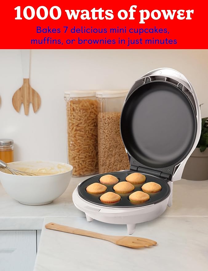 Betty Crocker Mini Cupcake Factory, with Nonstick Surface, Mini Cupcake Machine with Cool Touch Handle & Makes 7 Delicious Cupcakes in Minutes, Pink/White