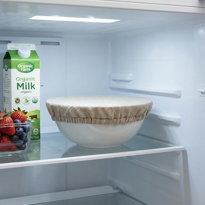 100% Pure Linen Bowl Covers For Bread Proofing, 2 Pcs 12 Inches Elastic Reusable Bowl Covers Large Ticking Striped Cloth Fabric Stretch Sourdough Lids