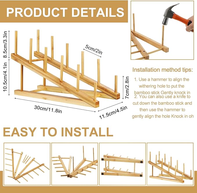 Suclain 6 Pcs Wooden Bamboo Dish Drying Rack Kitchen Cabinet Organizer for Cabinet Cutting Board Display Stand for Dish Plate Bowl Water Bottles Cup Pot Lid Cutting Board