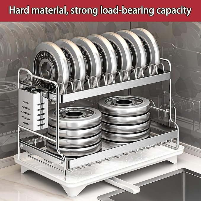 Dish Drying Rack, Double Layered countertop Kitchen Organizer with Drainage Large Bowl Rack and Storage Rack with Drainage Board, Suitable for Kitchen Bars (Silver)